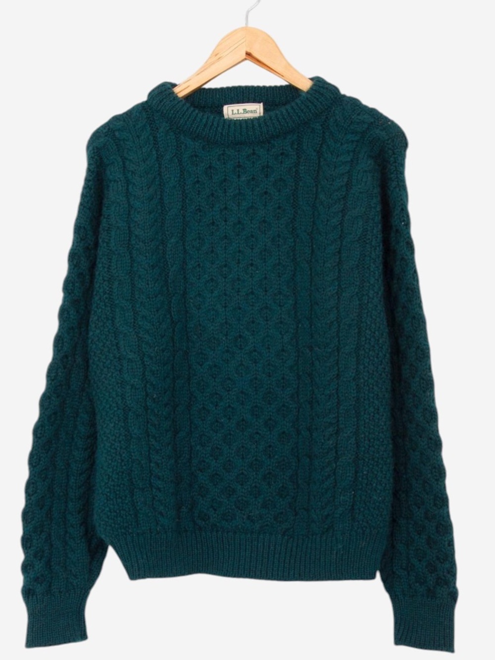 vintage 80s l.l. bean teal cable knit irish wool pullover fisherman sweater - Picture 1 of 5